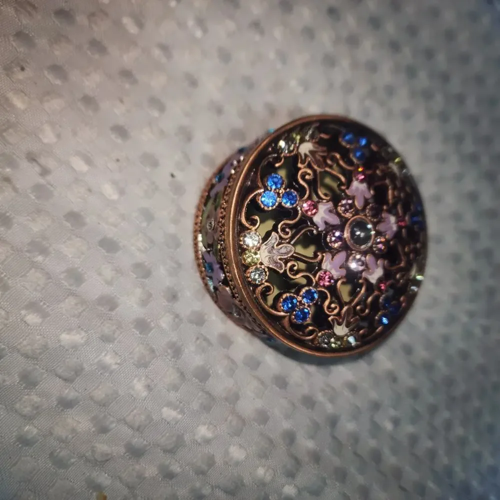 FLORAL ENAMEL BRONZE TONE METAL RHINESTONE TRINKET BOX